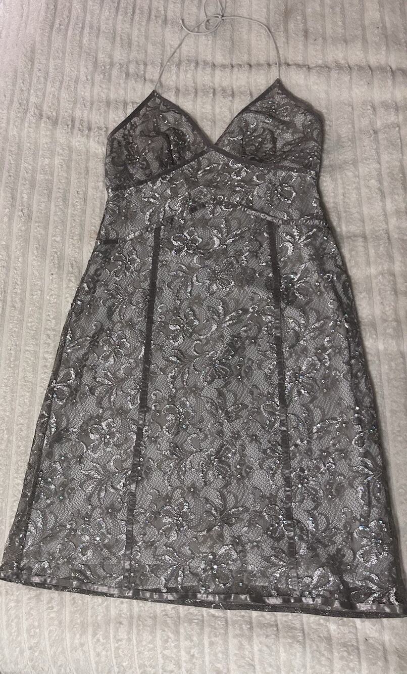 Express Silver Metallic Floral Lace Halter Dress Size 8